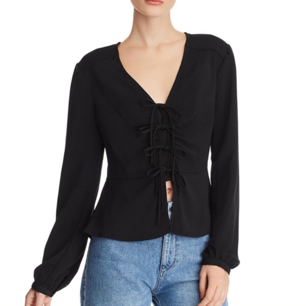 NWT WAYF Black V-Neck Tie Front Empire Waist Long Sleeve Blouse Small